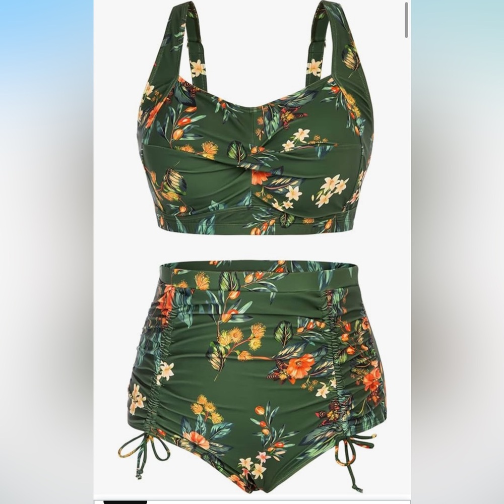 🚘Hanna Nikole twisted front drawstring rushing tropical Green HighWaisted Bikini